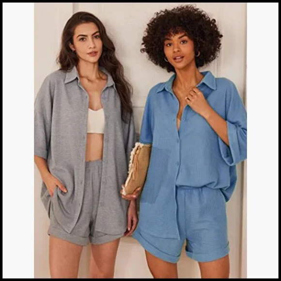 Waffle Knit Lounge Set Short Sleeve Pajamas Button Down Oversized